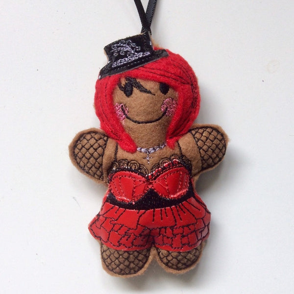 Goth girl, machine embroidered felt gingerbread Christmas tree decoration.