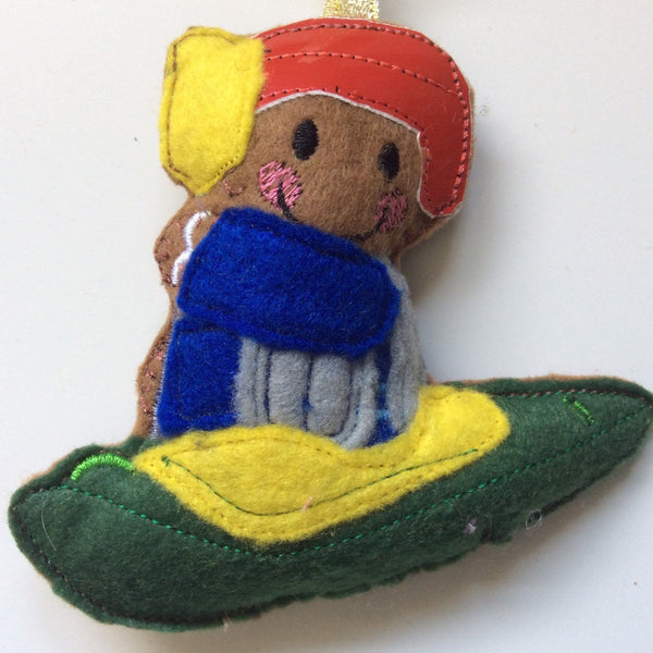 Kayaking, machine embroidere4d felt gingerbread man decoration.