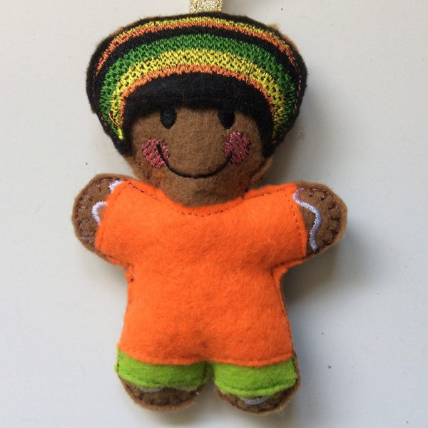 Jamaican rasta, machine embroidered felt Christmas tree decoration