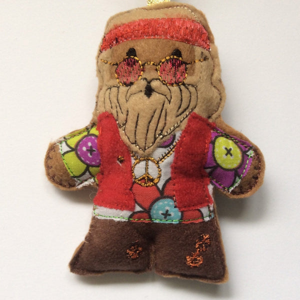 Hippie, machine embroidered felt gingerbread man decoration. Lightly filled, hand sewn finish.