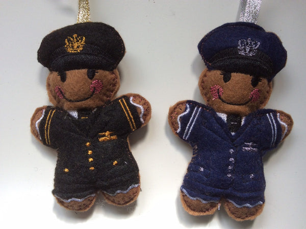 Airline pilot felt gingerbread decorations in black or navy blue uniform.