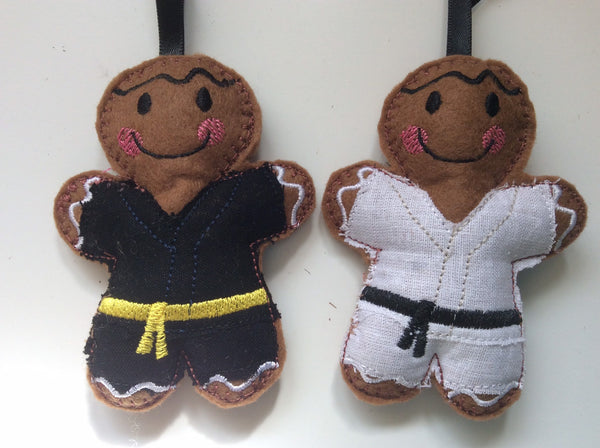 Martial arts machine embroidered felt Christmas tree decoration. Available in either black or white dogi