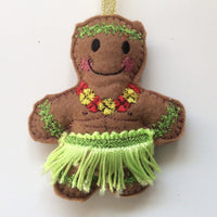 Machine embroidered felt, hula dancer decoration.