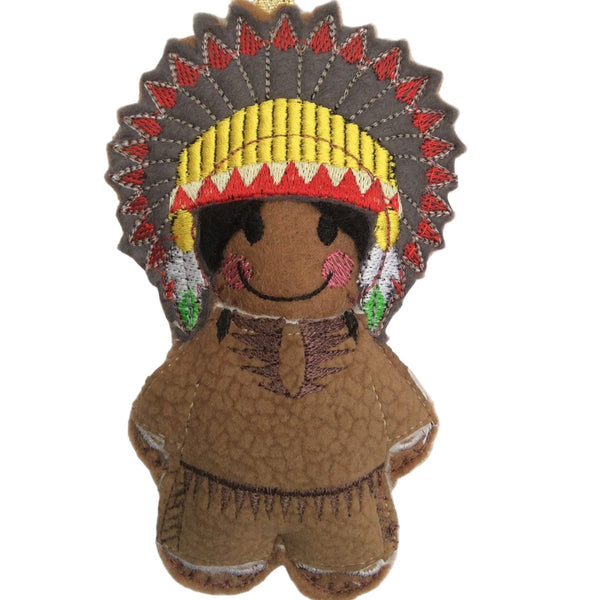 Native American  gingerbread man in a headdress on a white background
