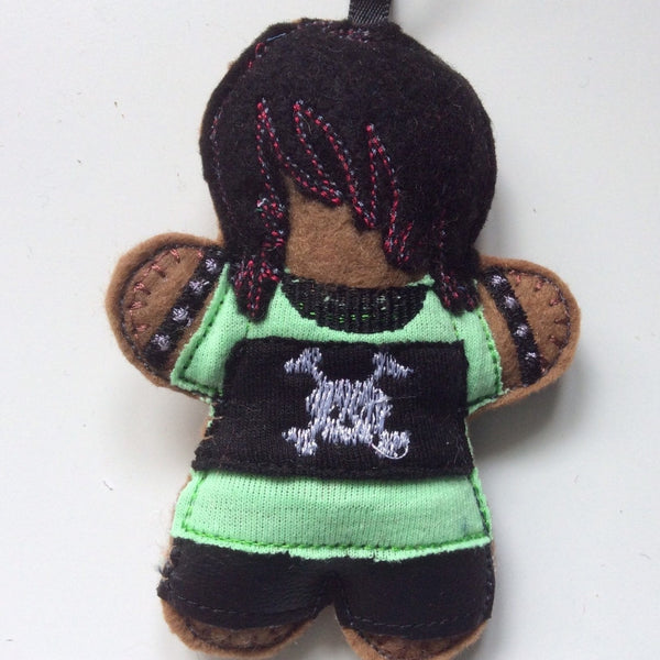 goth boy, machine embroidered felt gingerbread Christmas tree decoration.