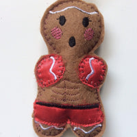 Kick boxing, machine embroidered felt gingerbread Christmas decoration.