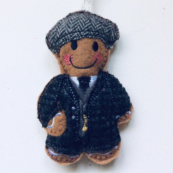 1920s style, machine embroidered felt gingerbread man with tweed flat cap and jacket