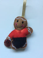 Ten Pin Bowling felt gingerbread man decoration. Lightly filled, hand sewn finish.