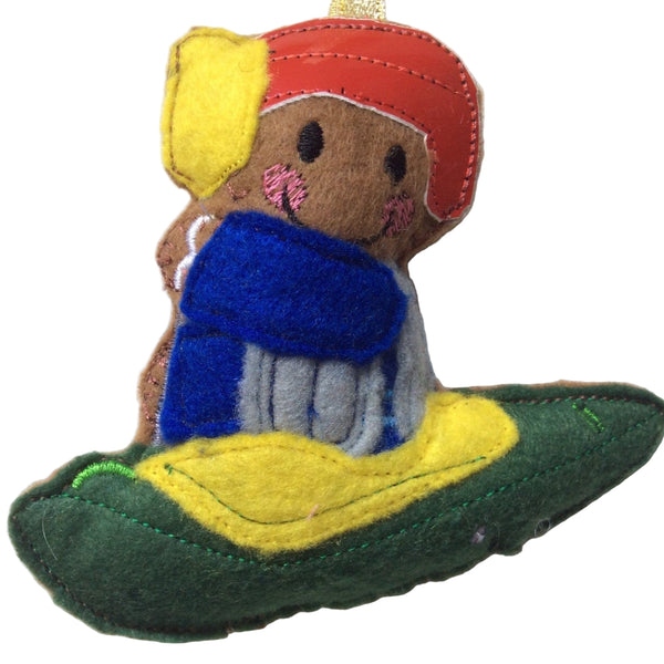 Kayaking, machine embroidered gingerbread man decoration.