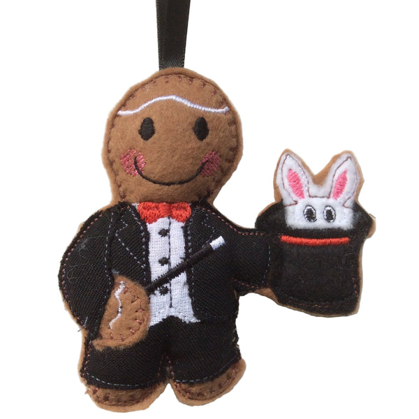 Magician, machine embroidered felt gingerbread man Christmas tree decoration