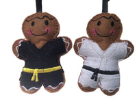 Martial arts machine embroidered gingerbread decoration. Available in either black or white dogi