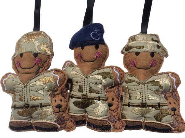 Military dog handler, machine embroidered felt gingerbread man Christmas decoration. Available in three designs