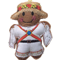 Morris Dancer gingerbread man decoration. In white outfit with hat that has been embroidered with flowers.