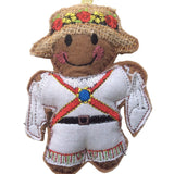 Morris Dancer gingerbread man decoration. In white outfit with hat that has been embroidered with flowers.