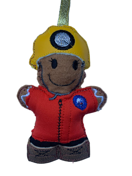 Mountain Rescue felt gingerbread man Christmas decoration. on white background.