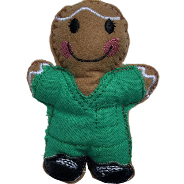 nurse felt gingerbread decoration in green scrubs.