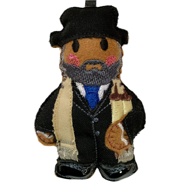 Rabbi in traditional dress, felt gingerbread decoration on white background.