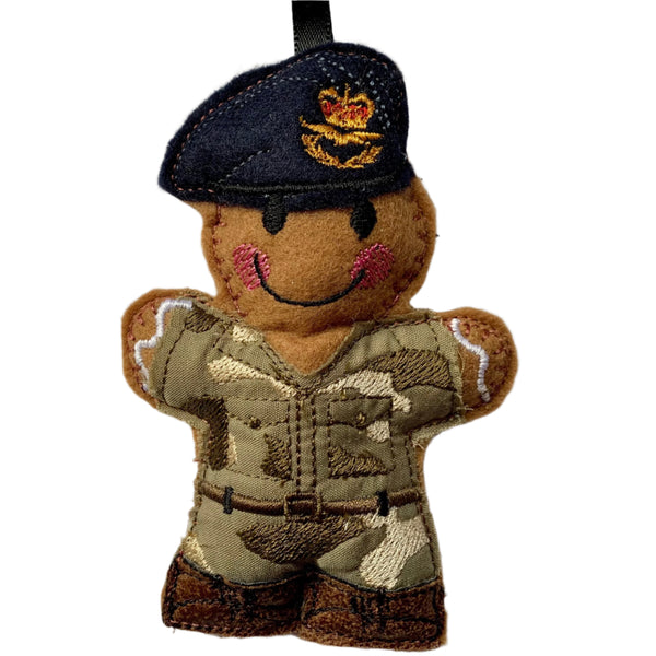 RAF regiment officer, gingerbread man decoration, in camouflage uniform with navy beret and badge.