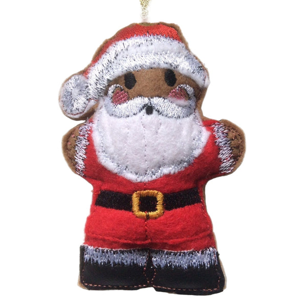 A handmade felt Santa Claus gingerbread man decoration in red, white, and brown colors.
