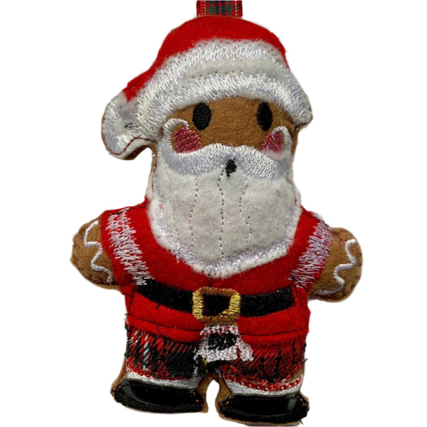 Scottish Santa in tartan fabric kilt. Machine embroidered felt Christmas Tree Decoration 
