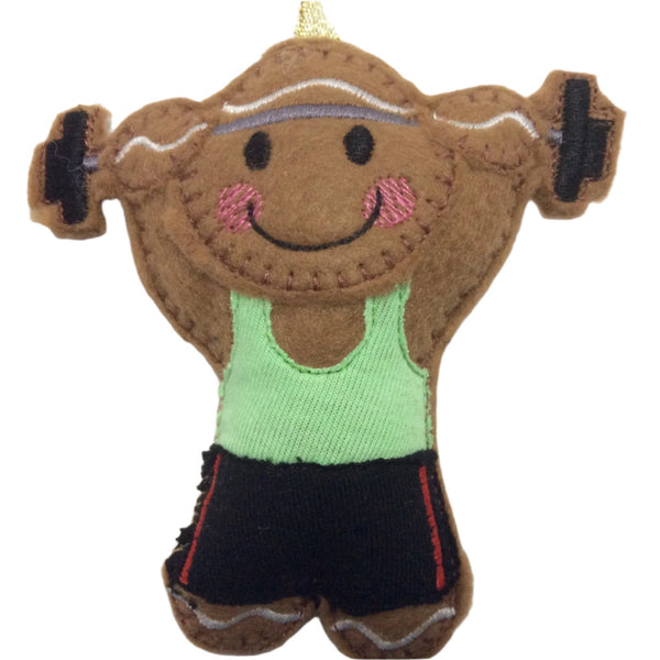 Weightlifting felt  gingerbread man ornament.